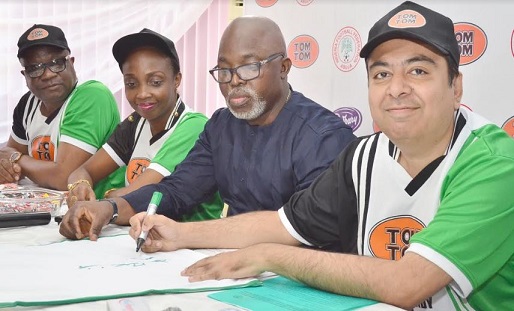 L-R: Director, Corporate and Government Affairs, West Africa, Cadbury, Mr. Bala Yesufu; Category Marketing Lead, West Africa, Cadbury, Mrs. Chidinma Uwadiae; President, Nigeria Football Federation (NFF), Mr. Amaju Pinnick; Managing Director, West Africa, Cadbury, Mr. Amir Shamsi and Finance Director, West Africa, Cadbury, Mrs.Yimika Adeboye, at the Cadbury/NFF partnership unveiling TOMTOM as the official candy of the Super Eagles in Lagos