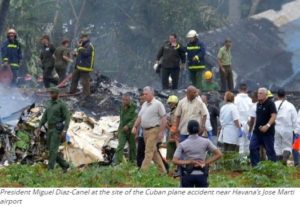 President Miguel Diaz-Canel at the site of the Cuban plane accident near Havana’s Jose Marti airport