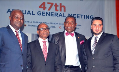 From Left: Mr Tunde Lemo, Independent Non-Executive Director; Mr Edmund Onuzo, Chairman; Mr Uche Uwechia, Company Secretary & Legal Director and Mr Kareem Hamdy, Finance Director, all of Glaxosmithkline Consumer Nigeria Plc, At the 47th Annual General Meeting of the Company in Lagos…. Thursday.