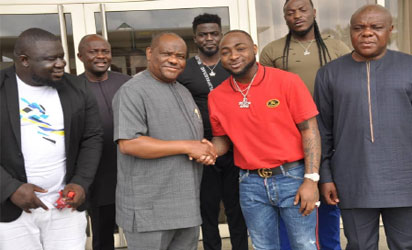 Rivers State Governor, Nyesom Ezenwo Wike (l) and Mega-Star Musician, David Adeleke (Davido) during Davido's visit to Governor Wike at the Government House Port Harcourt last Friday.