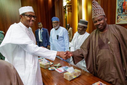 President Buhari receives some APC Governors in State House 1 e1538695348217 APC primaries crisis : 9 govs battle Oshiomhole, take case to Aso Rock