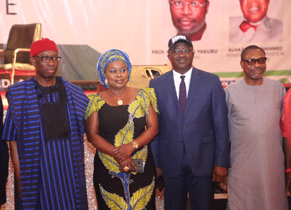Delta State Governor, Senator Ifeanyi Okowa (left) and President of Nigeria Guild of Editors, Mrs. Funke Egbemode, during the 14th Conference of the Nigerian Guild of Editors, held in Asaba.