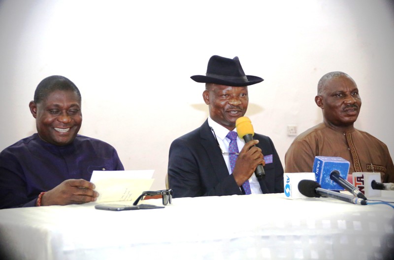 Delta State Commissioner for Information, Mr Charles Ehiedu, the Chief Press Secretary to Governor Ifeanyi Okowa, Mr Olisa Ifejika, and the Commissioner for Works, Chief James Augoye, during the inaugural post EXCO meeting in Asaba.
