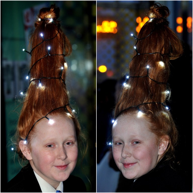 Girl storms school with hair-do like christmass tree
