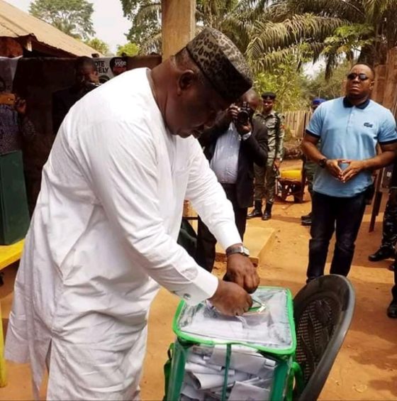 Ugwuanyi casting his vote at his Amube ward, Udenu Local Government Area of Enugu State.