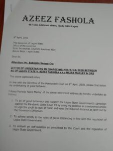 Naira Marley letter of undertaking