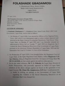 Folashade Gbadamosi's apology letter
