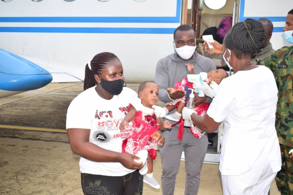 NAF airlift's erstwhile conjoined twins back to Yenagoa after Separation surgery at FMC, Yola