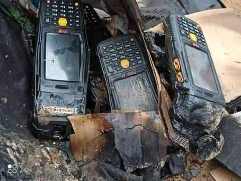 Pictures of the burnt card readers meant for Ondo governorship election at the INEC state office in Akure.