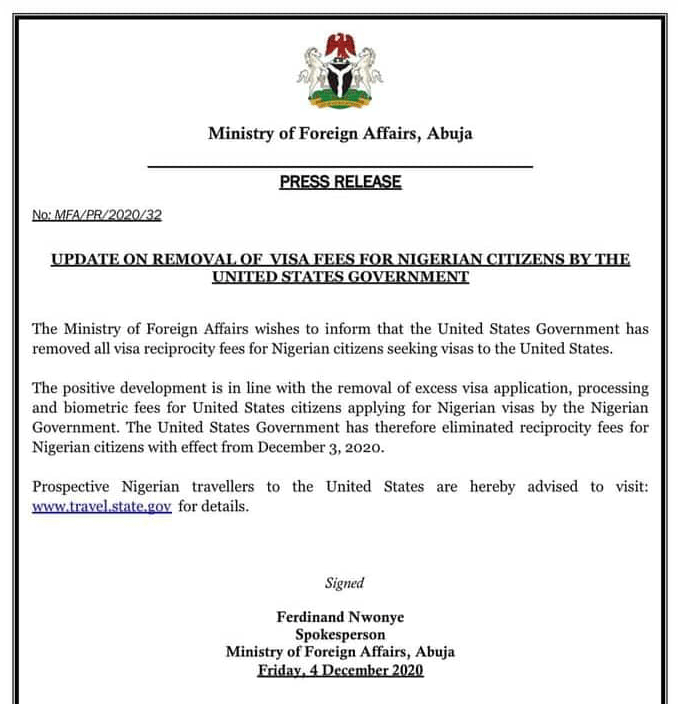 US removes visa fees for Nigerians